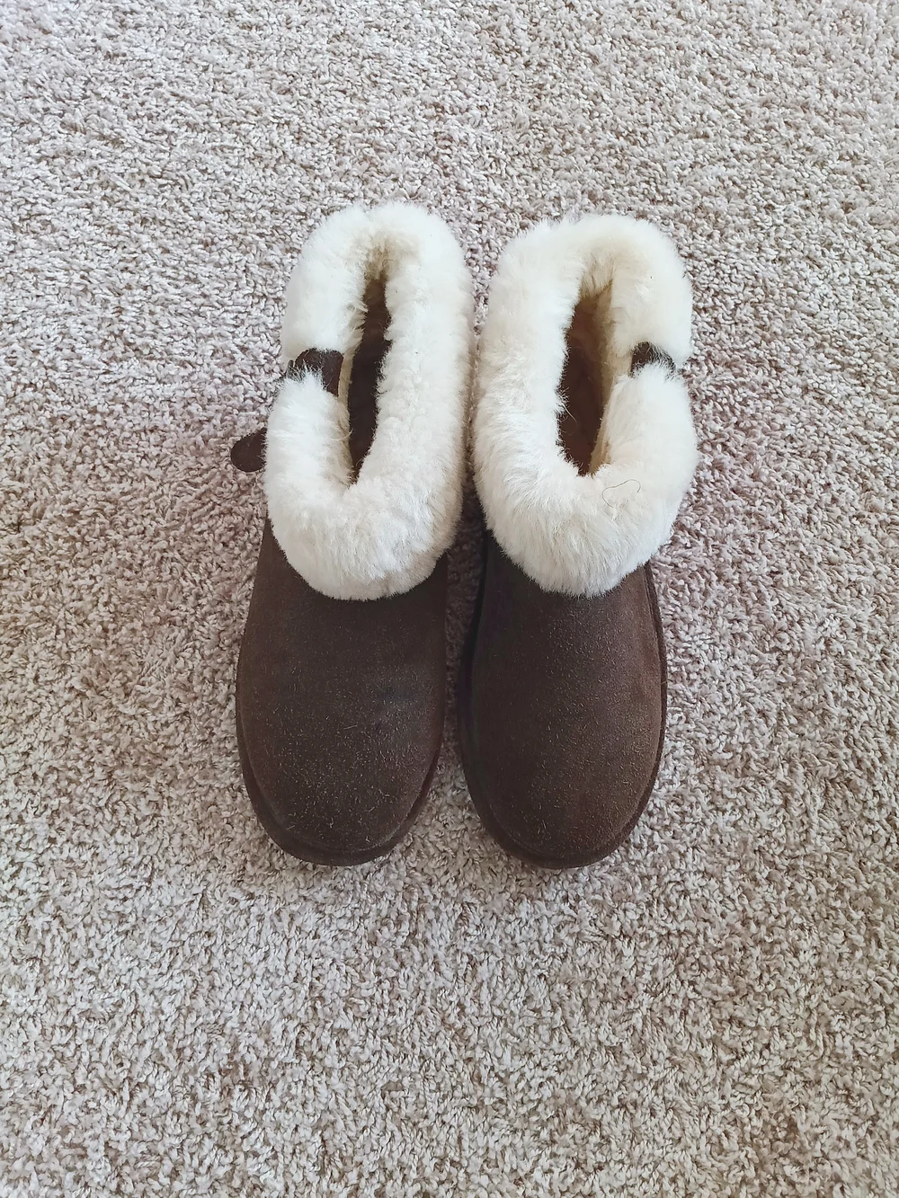 BearPaw Brown Suede Ankle‎ Booties with Cream Faux-Fur Cuff